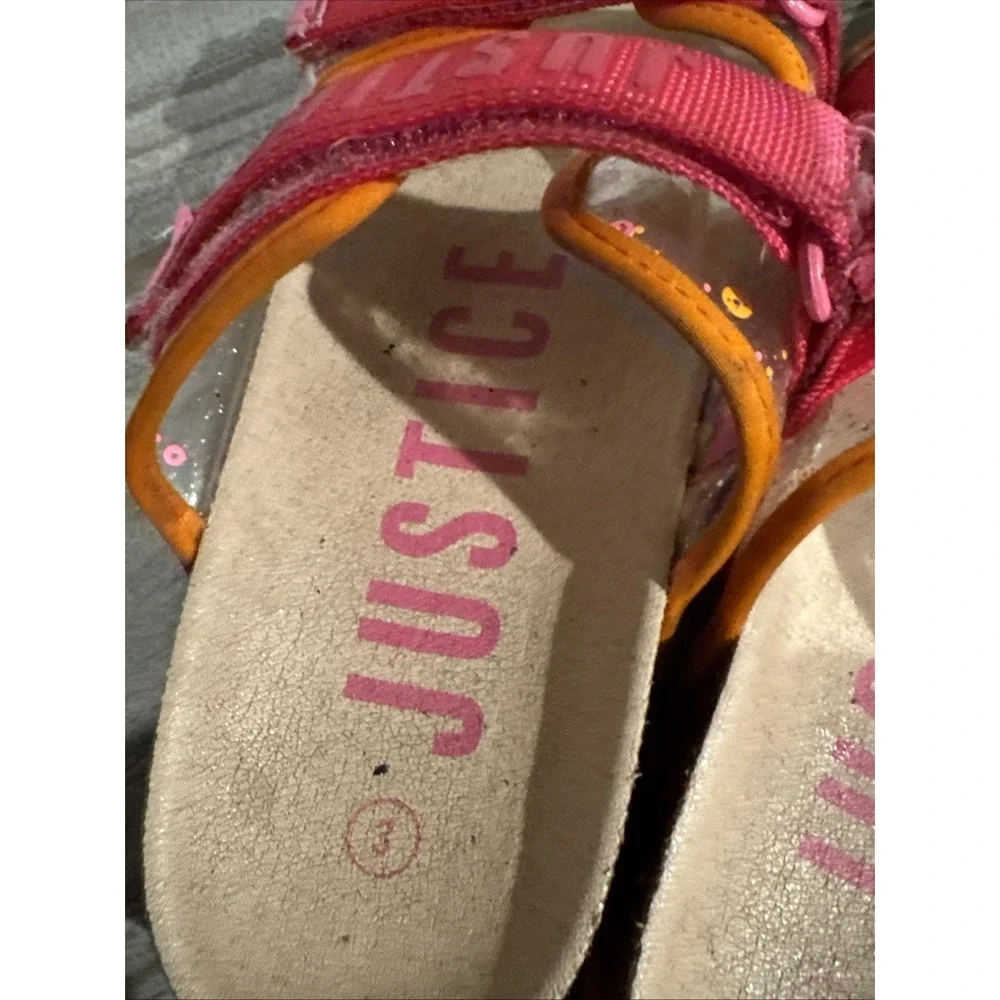Justice Girls Pink Orange Sequin Slide Sandals Size 3 Hook & Loop Casual Shoes